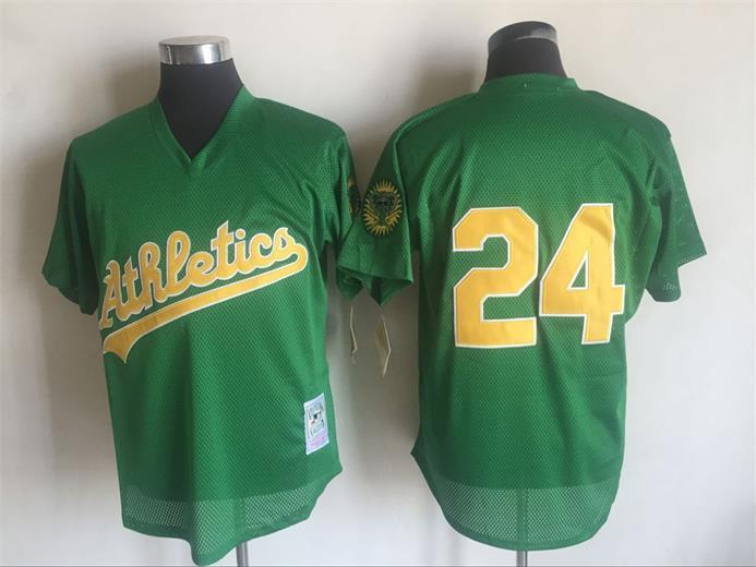 2017 MLB Oakland Athletics #24 Rickey Henderson Green Throwback Jerseys1